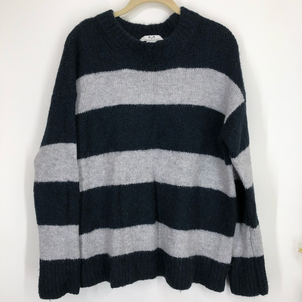 Magaschoni men’s navy and gray wool alpaca blend striped sweater
